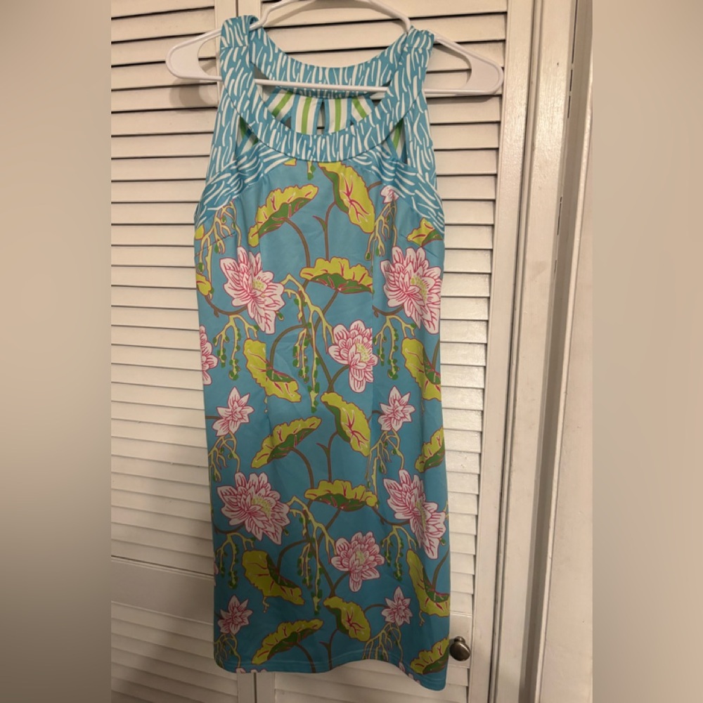 Gretchen Scott mystic garden isosceles Jersey dress Aqua lotus flora small